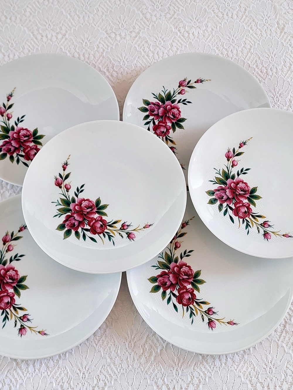 Schumann Bavaria Pink Rose Porcelain Salad Plates Set of 6 - 1960s Germany
